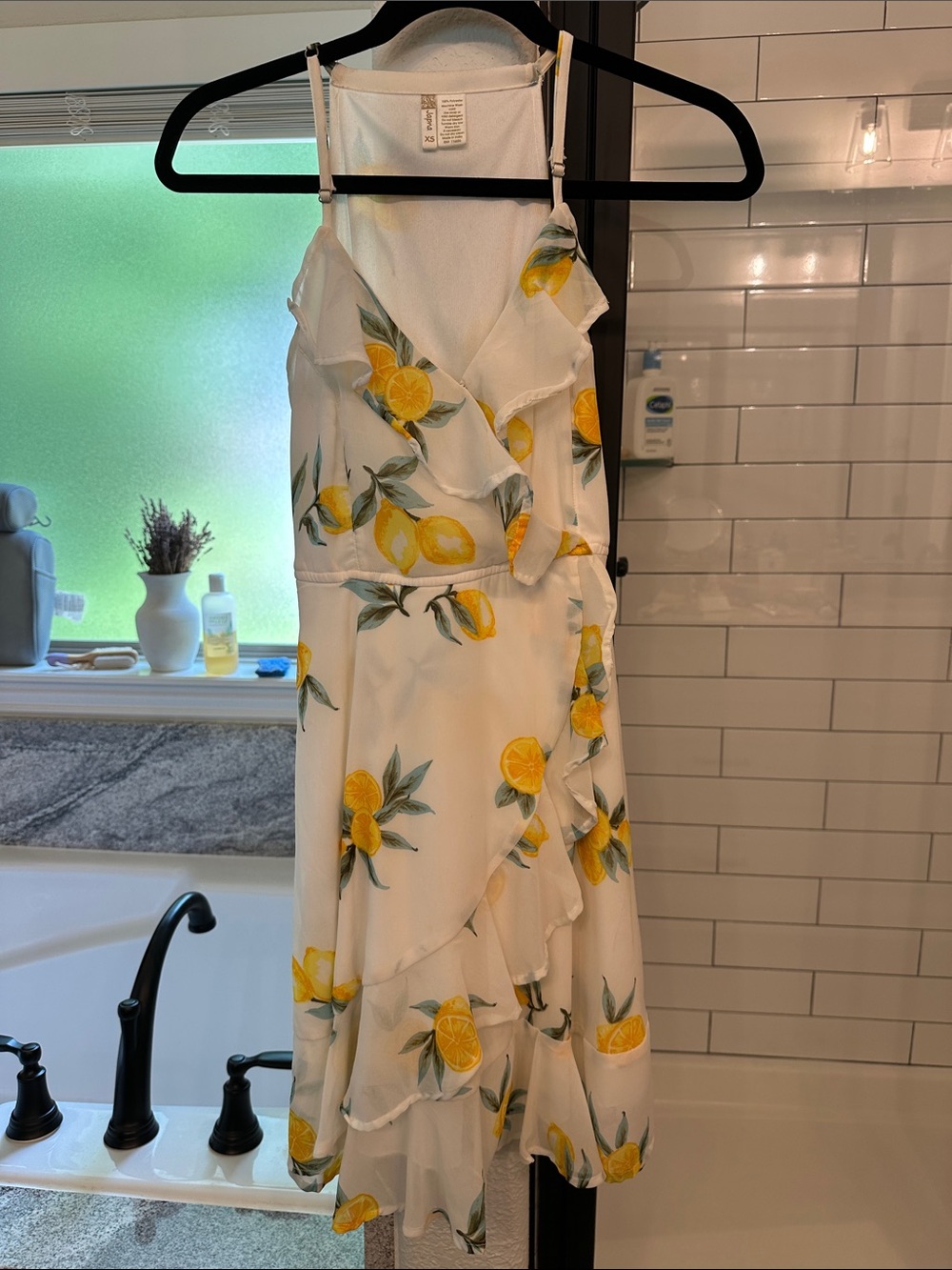White Lemon-Print Wrap Dress with Ruffle Trim